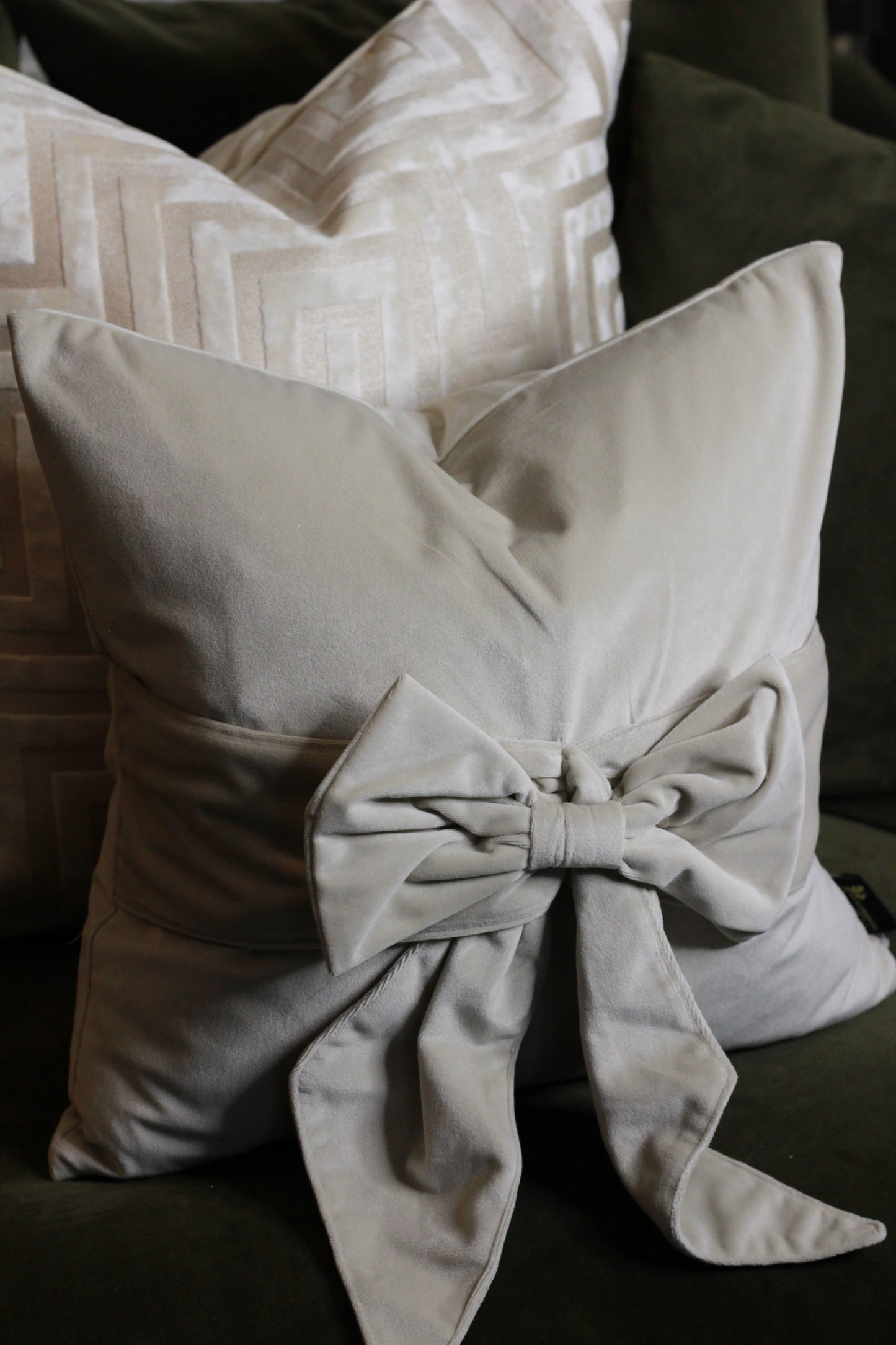 Ivory Amaze Velvet Cut Cushion – Large styled view – Leya Buster Interiors
