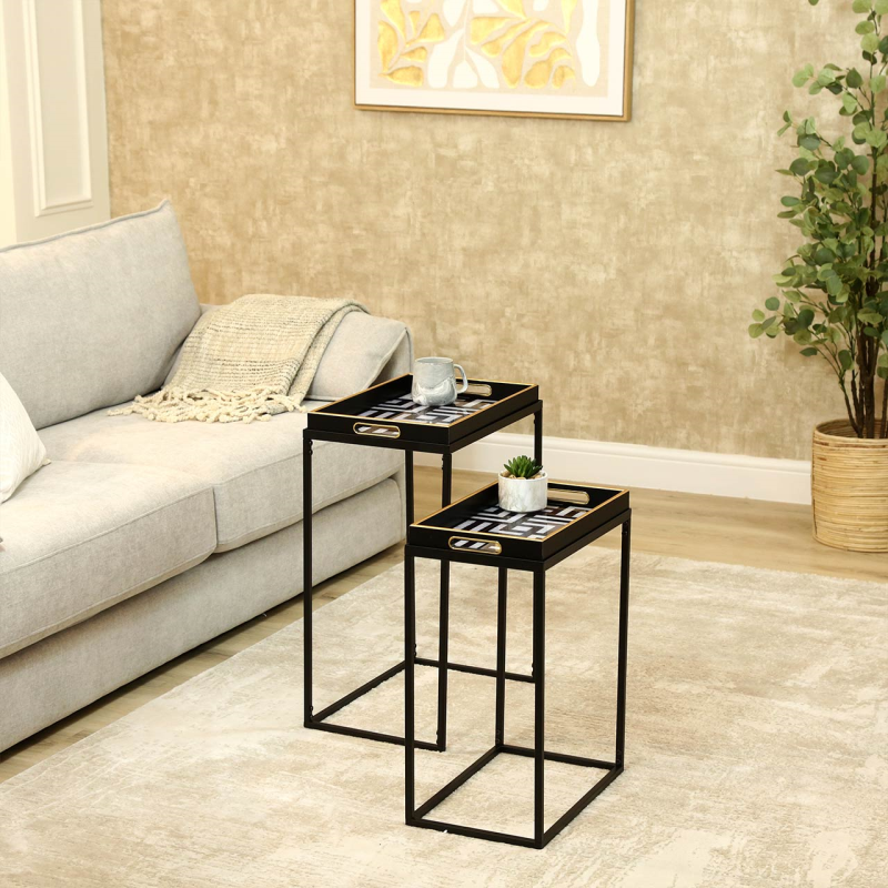 Black & Gold Geometric Nest of Tray Tables (Set of 2)