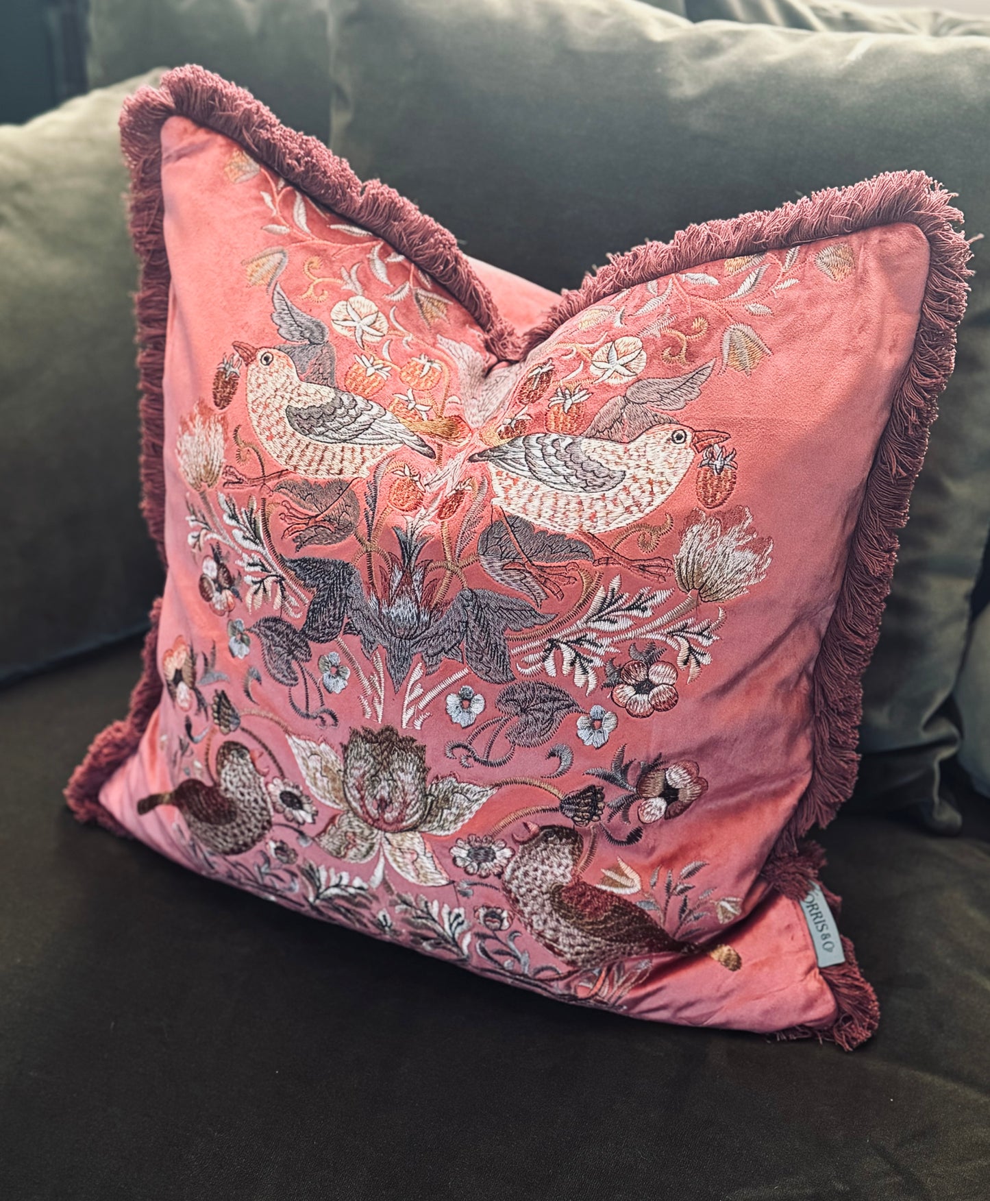 Morris & Co - Strawberry Thief Velvet Embroidered Cushion - Berry Red