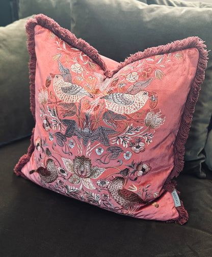 Morris & Co – Strawberry Thief Velvet Embroidered Cushion – Berry Red styled view – Leya Buster Interiors