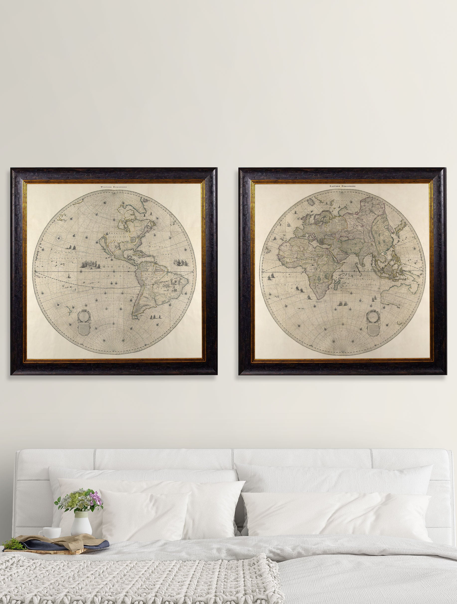 c.1660 Map of the World in Two Hemispheres – framed wall art at Leya Buster Interiors