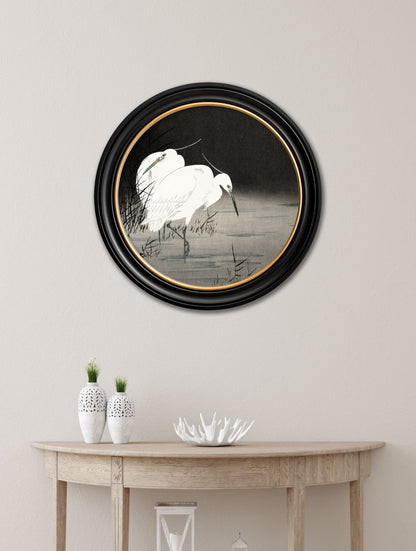 c.1910 Two Egrets in Reeds – Ohara Koson – Round – framed wall art at Leya Buster Interiors
