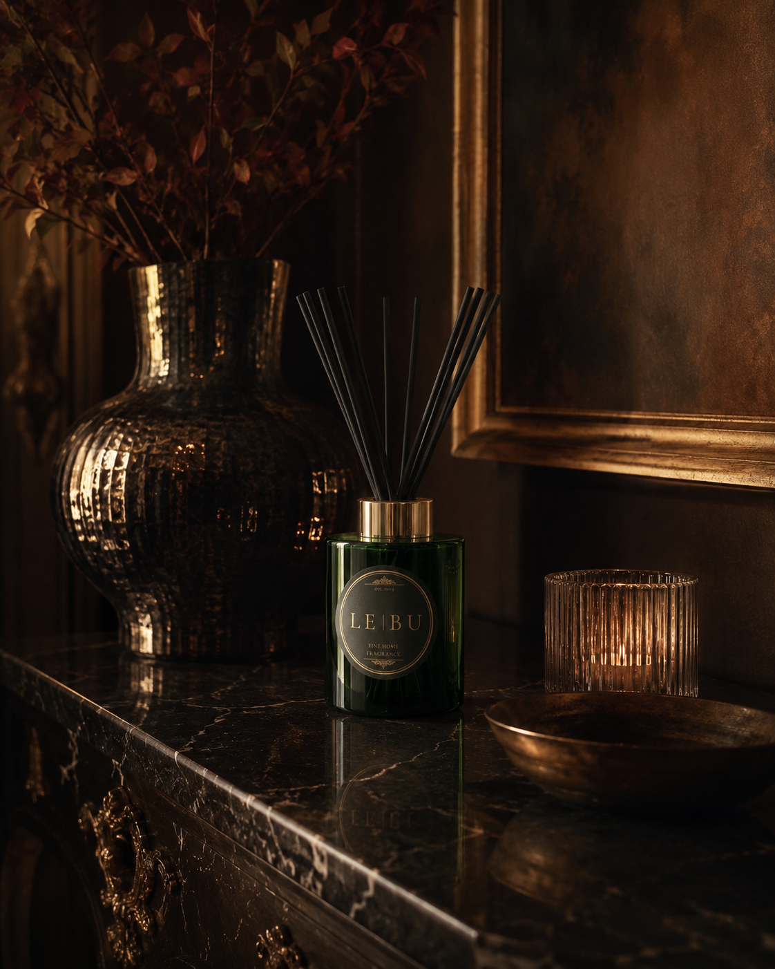 LE BU 100ml luxury reed diffuser styled on a dark wooden bedside table with warm lamp light