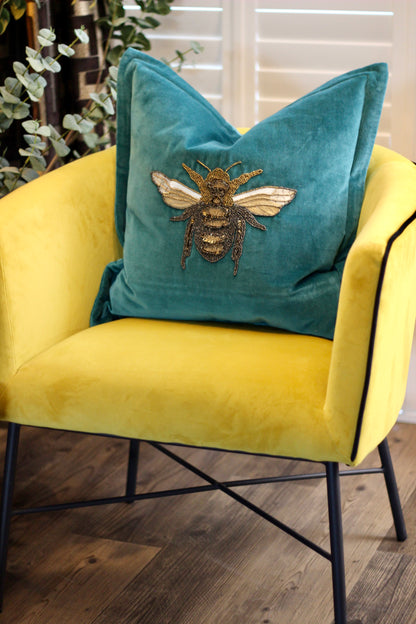 Luxe Bee Embellished Cushion – Teal styled view – Leya Buster Interiors
