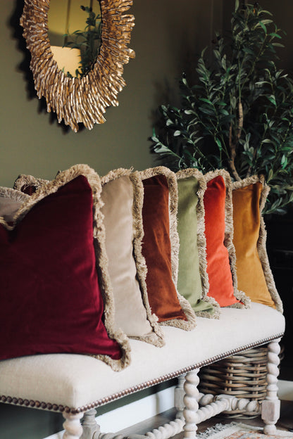 Langford Chestnut fringed velvet cushion in a rich warm brown, 55 x 55cm