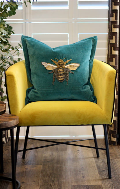 Luxe Bee Embellished Cushion – Teal – decorative cushion at Leya Buster Interiors