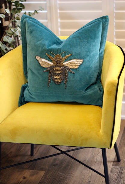 Luxe Bee Embellished Cushion – Teal styled view – Leya Buster Interiors