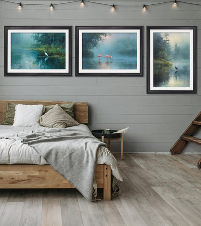 Misty Lake Flamingos – Oxford Round Frame styled view – Leya Buster Interiors