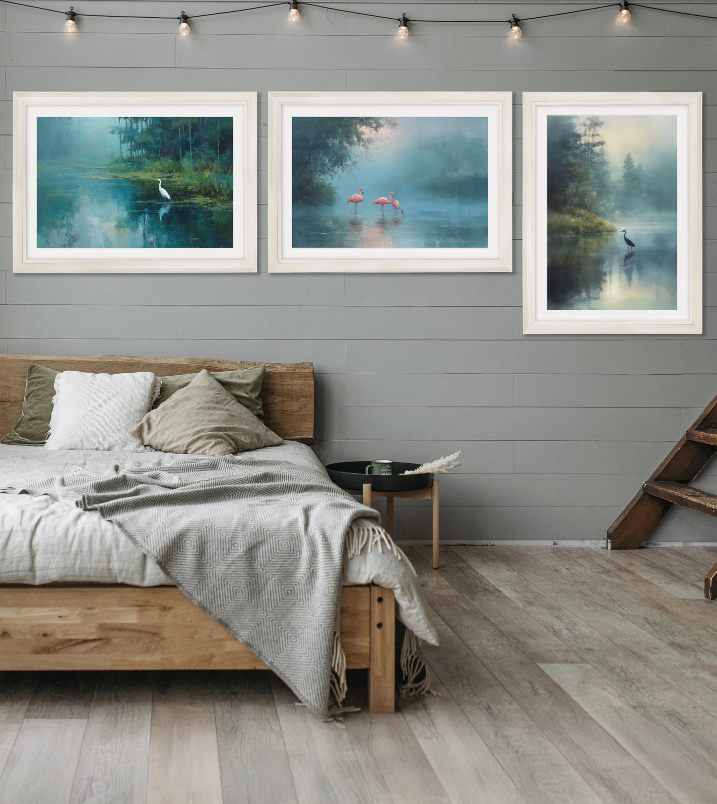 Misty Lake Flamingos – Oxford Strong White Round Frame styled view – Leya Buster Interiors