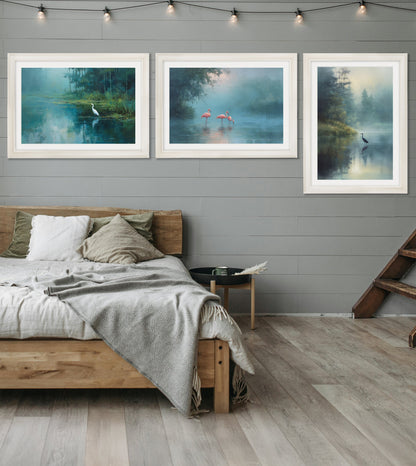 Misty Lake Flamingos – Oxford Strong White Round Frame styled view – Leya Buster Interiors