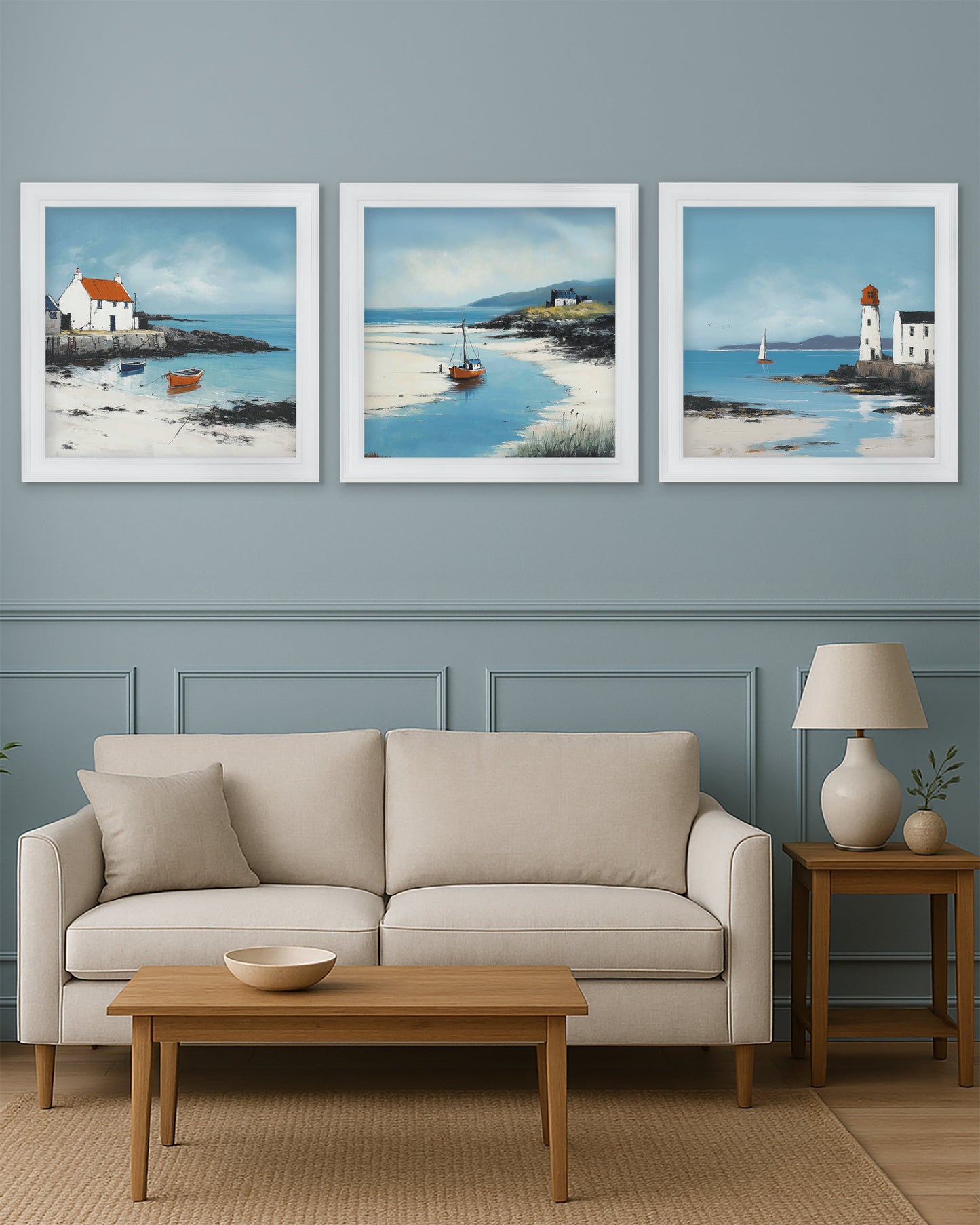 The Coastal Boat – White Hurstwood Square Frame styled view – Leya Buster Interiors
