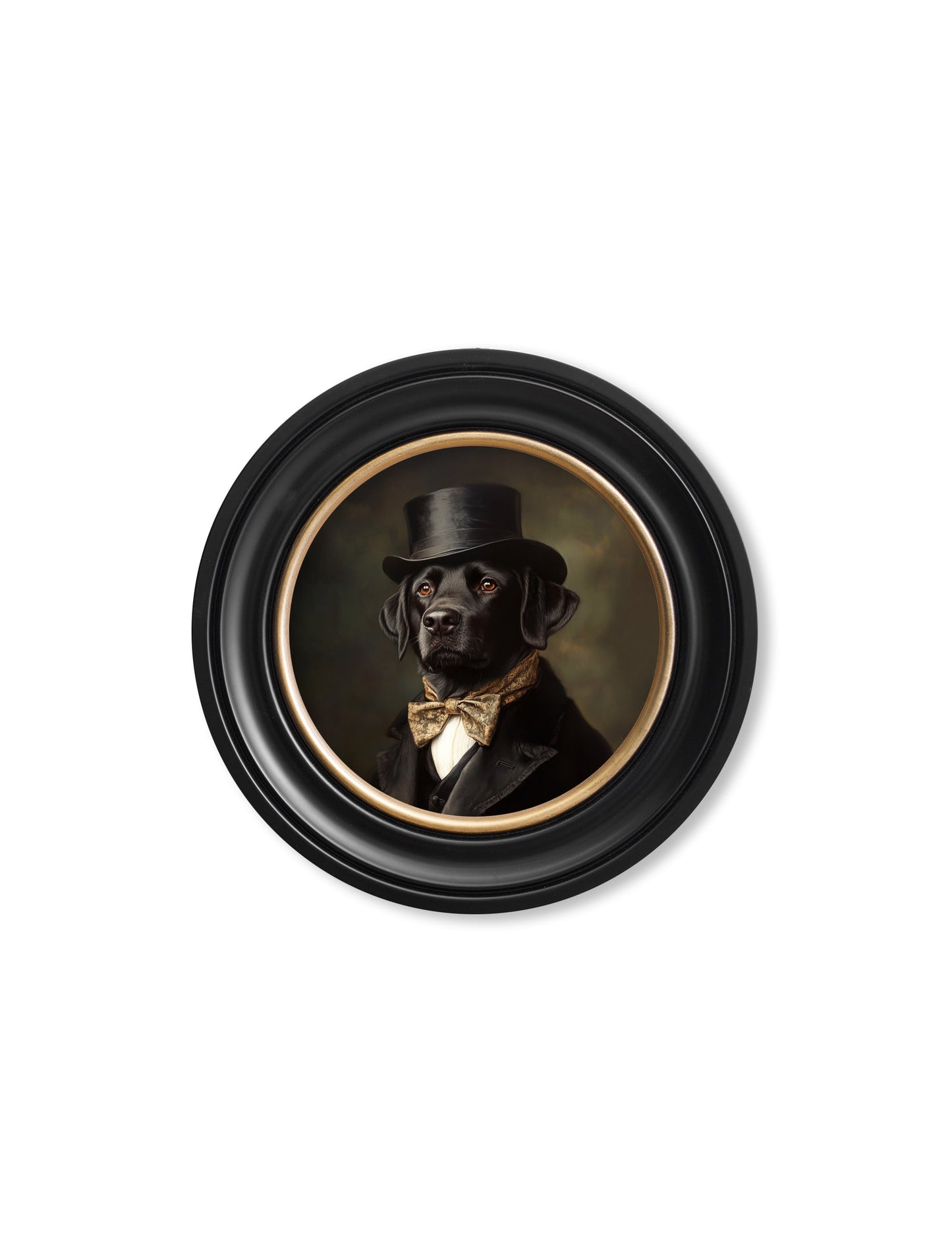 Lord Wagsalot – Gentleman Black Labrador Oxford Round Frame styled view – Leya Buster Interiors