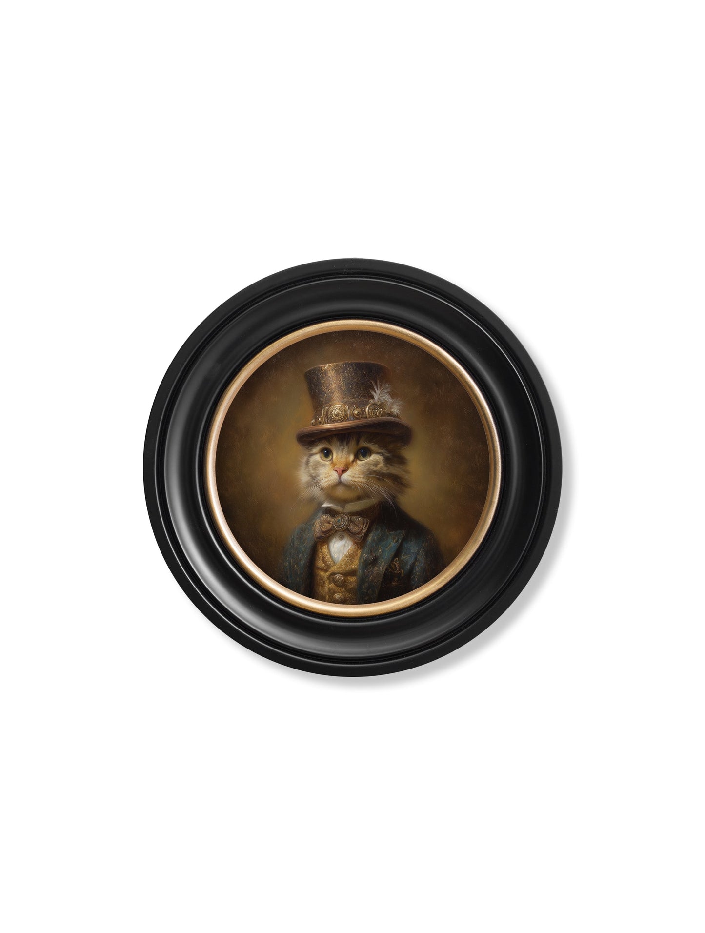 Lord Whiskerby – Gentleman Tabby Cat Oxford Round Frame styled view – Leya Buster Interiors