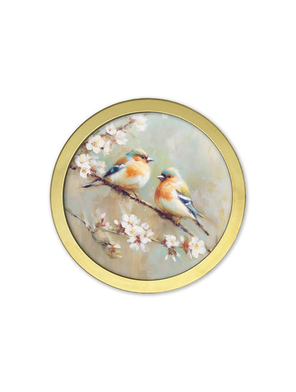 Garden Birds – 30cm Gold Round Box Frame styled view – Leya Buster Interiors