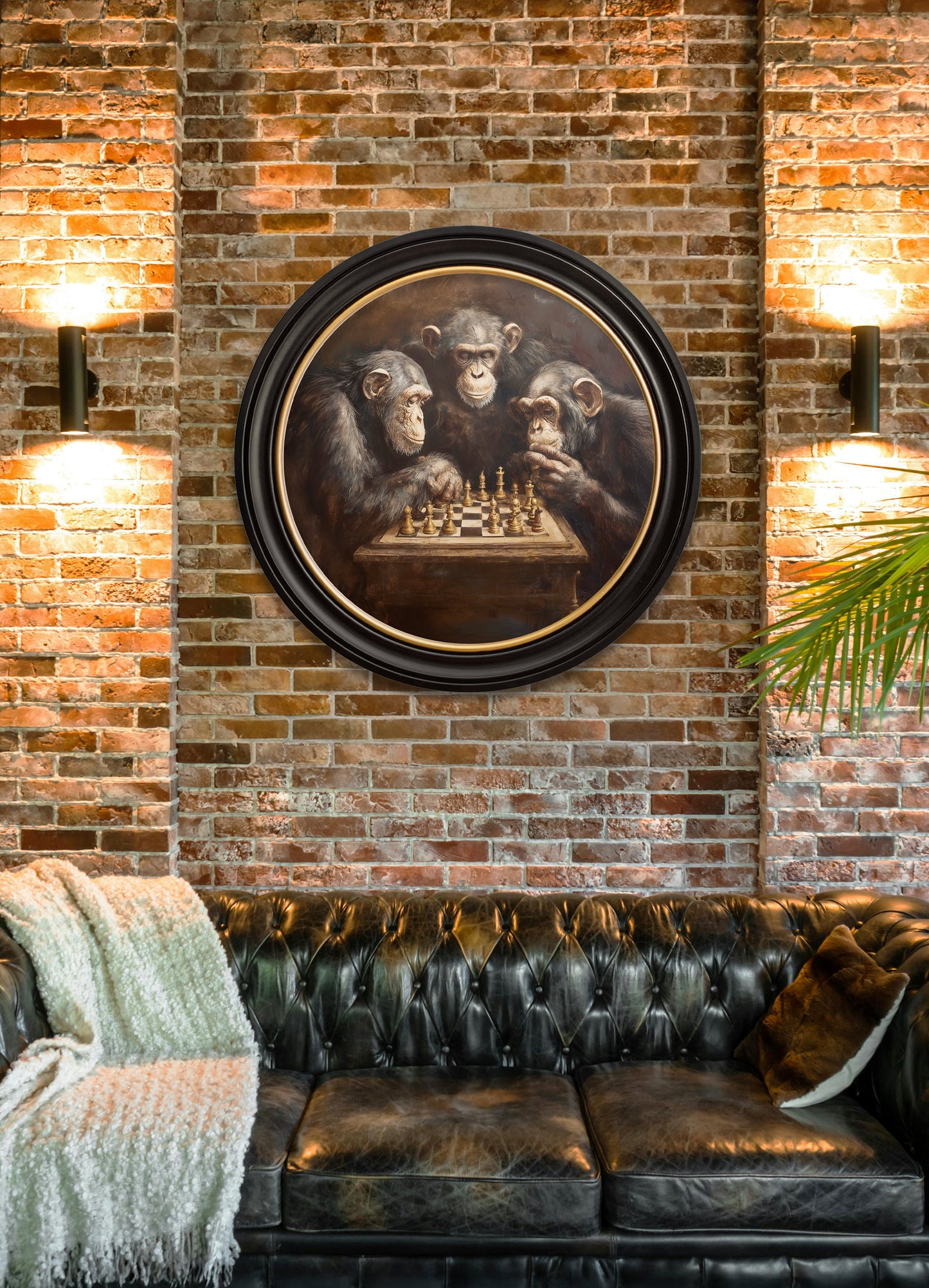 The Chess – Playing Chimps – Oxford Round Frame – framed wall art at Leya Buster Interiors