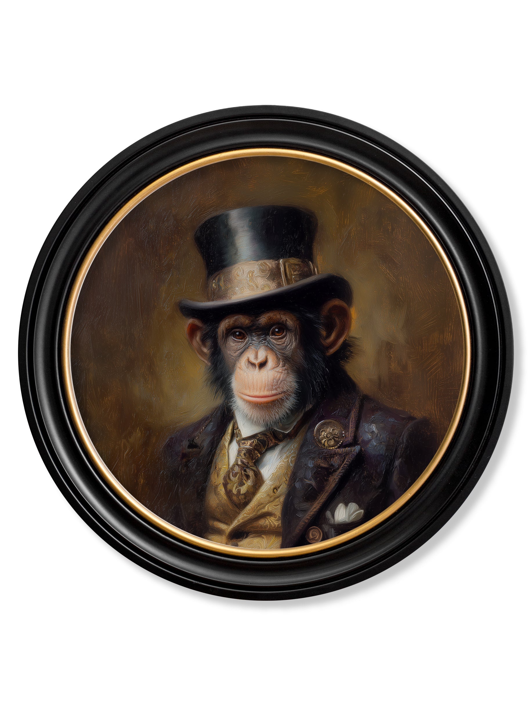 Sir Bananington – Gentleman Chimpanzee Oxford Round Frame detail – Leya Buster Interiors