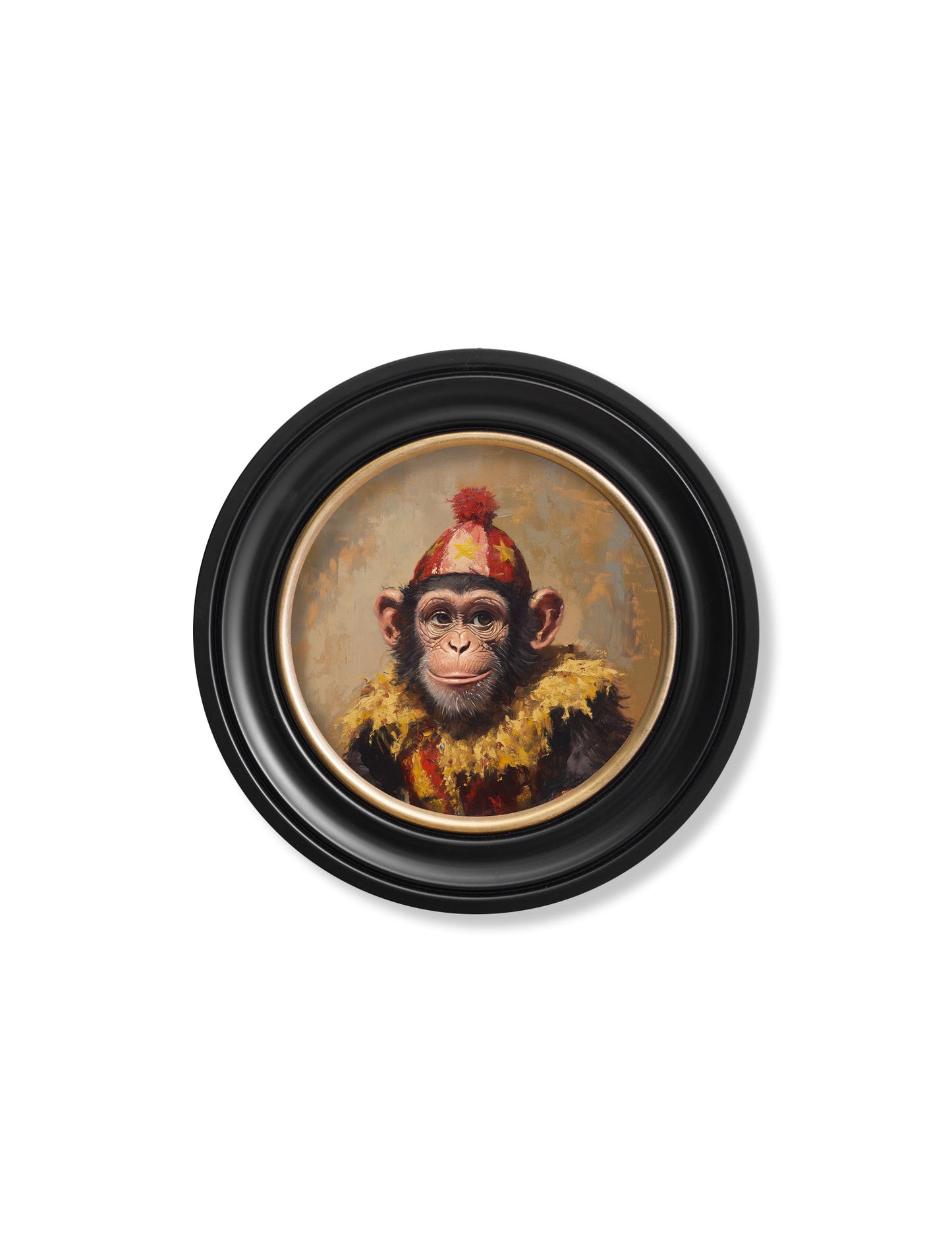 Chimpy the Daring – Circus Chimpanzee Oxford Round Frame styled view – Leya Buster Interiors