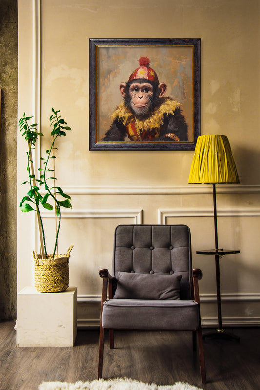 Chimpy the Daring – Circus Chimpanzee Oxford Square Frame – framed wall art at Leya Buster Interiors