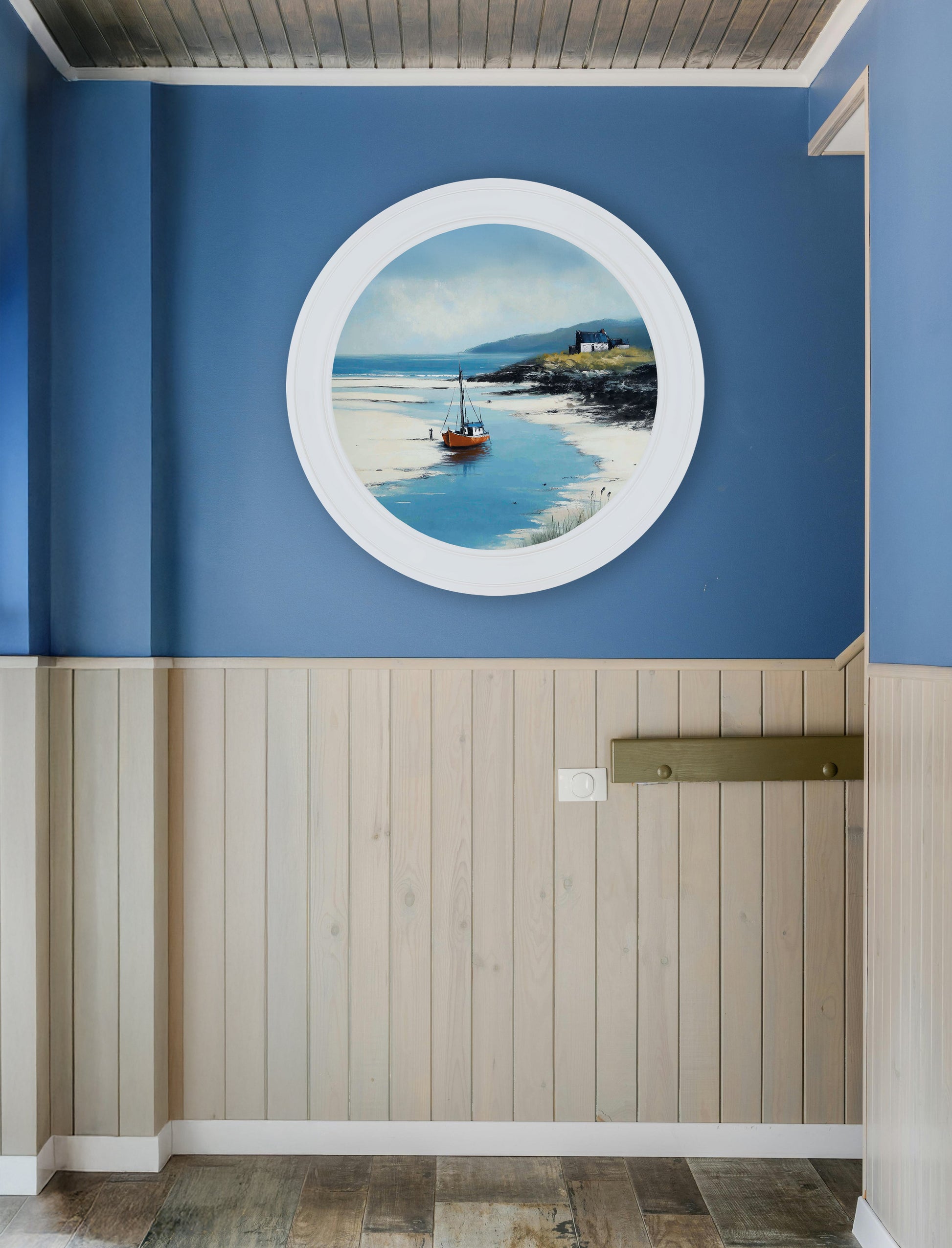 The Coastal Boat – Oxford White Round Frame – framed wall art at Leya Buster Interiors