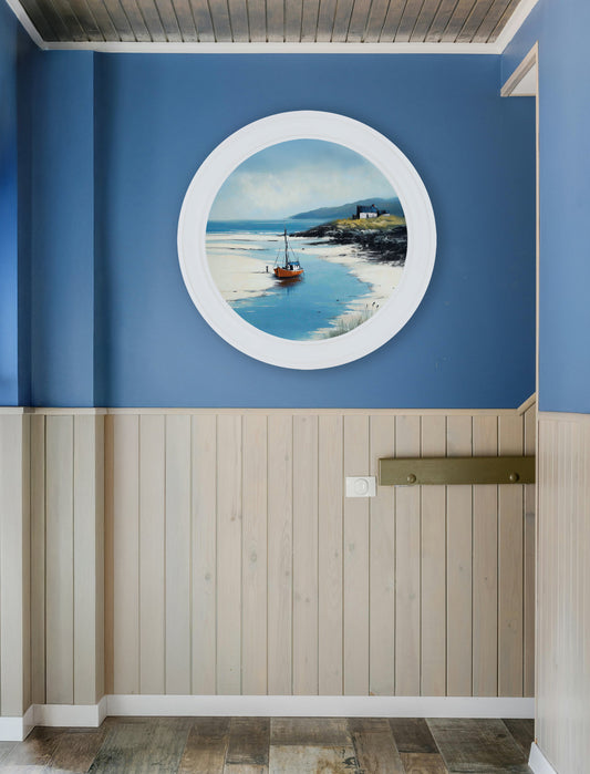 The Coastal Boat – Oxford White Round Frame – framed wall art at Leya Buster Interiors