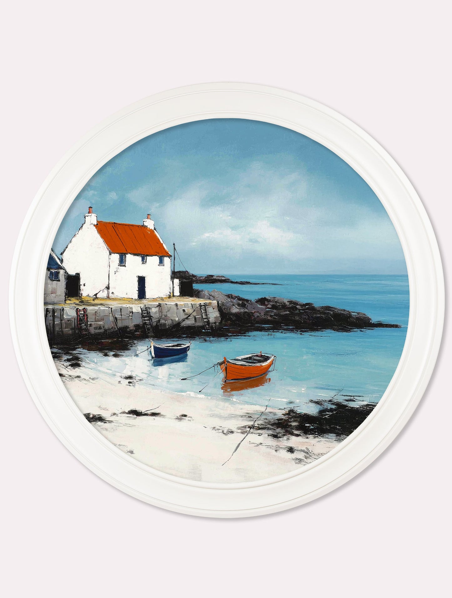 The Coastal House – Oxford White Round Frame styled view – Leya Buster Interiors