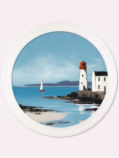 The Coastal Lighthouse – Oxford White Round Frame styled view – Leya Buster Interiors