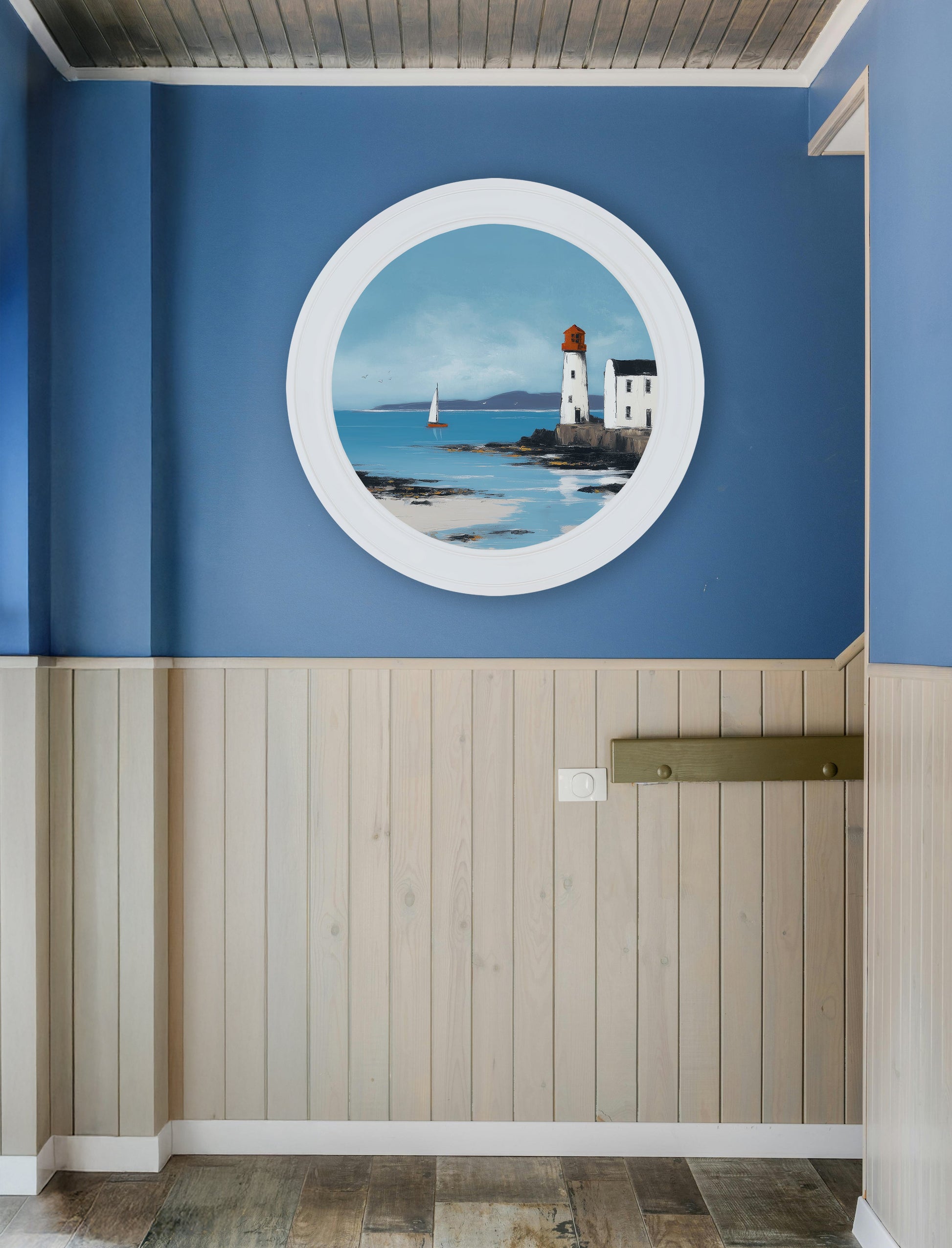 The Coastal Lighthouse – Oxford White Round Frame – framed wall art at Leya Buster Interiors