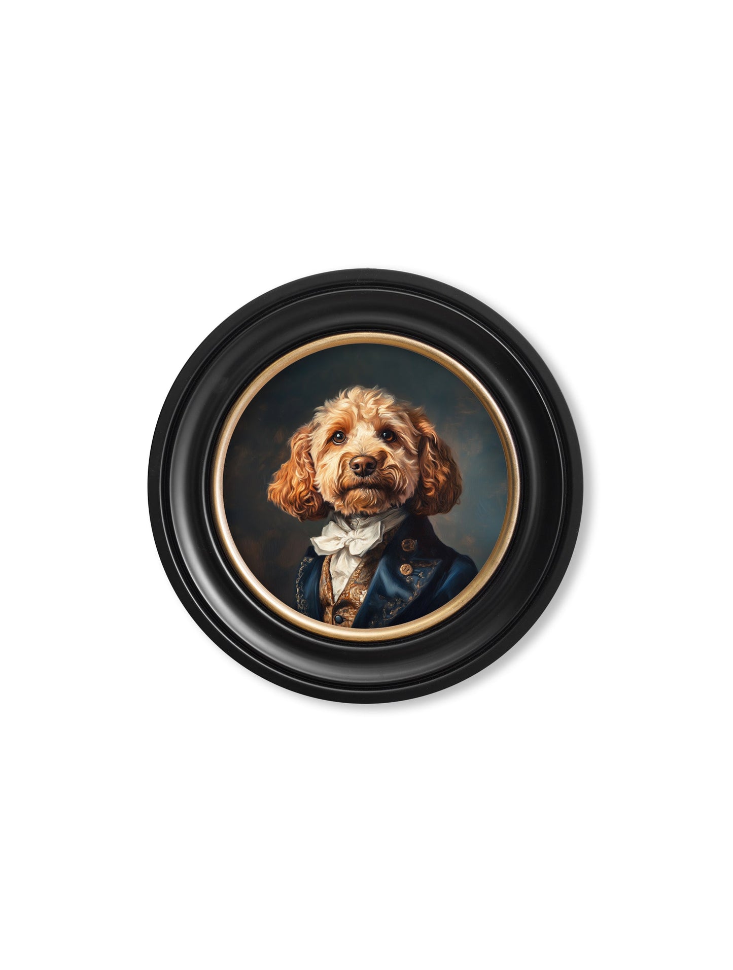 Sir Barkington – Gentleman Cockapoo Oxford Round Frame styled view – Leya Buster Interiors