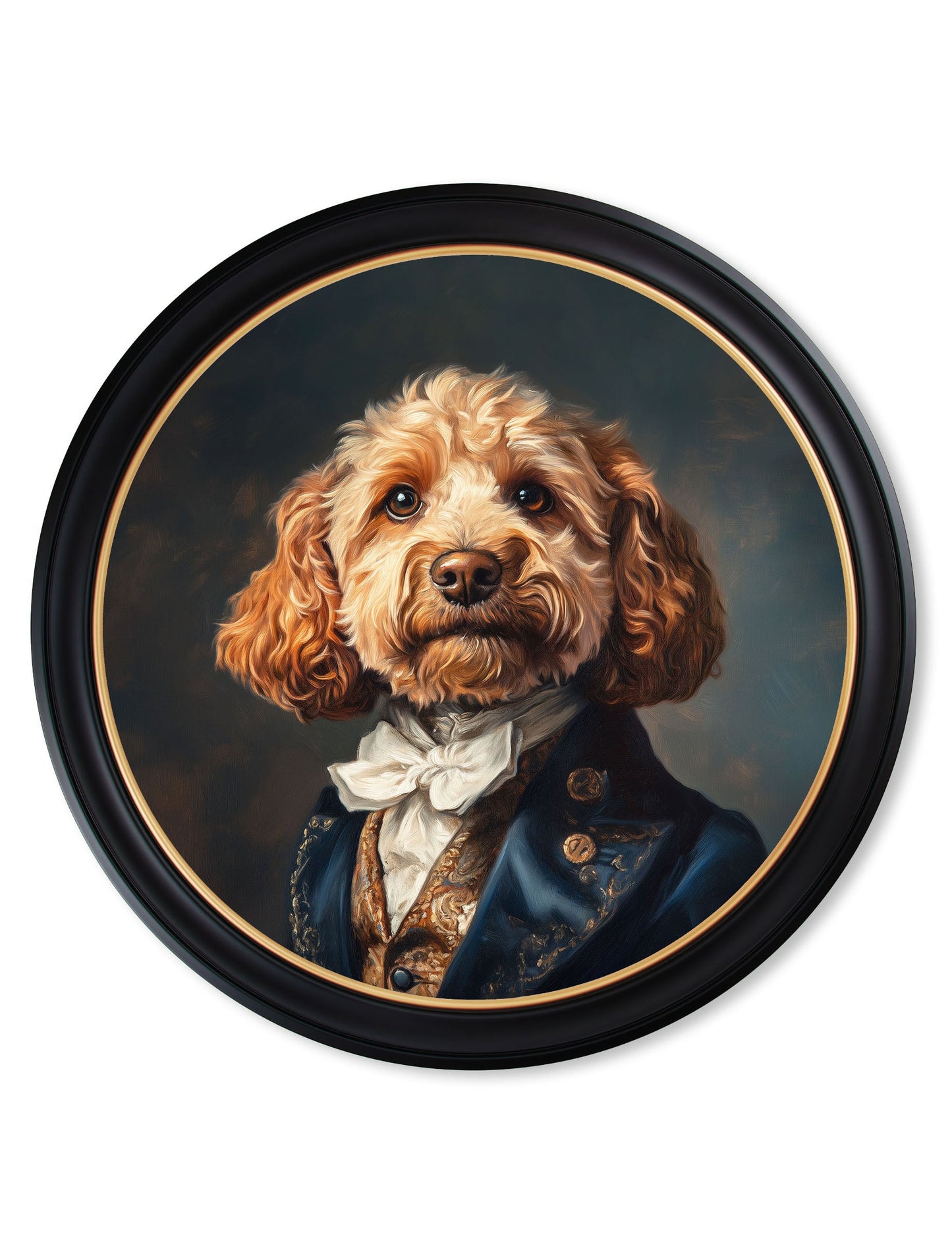 Sir Barkington – Gentleman Cockapoo Oxford Round Frame styled view – Leya Buster Interiors