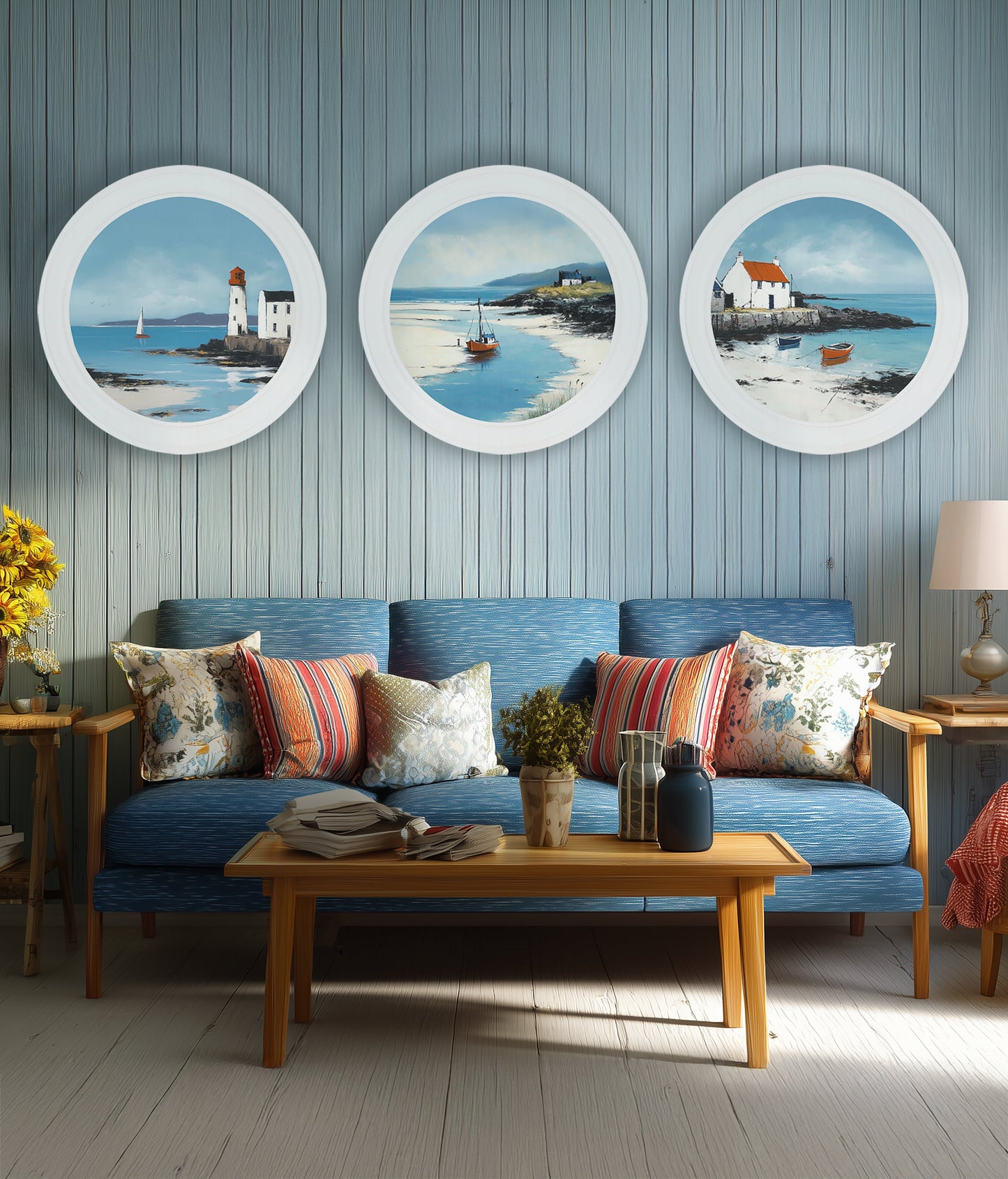 The Coastal House – Oxford White Round Frame styled view – Leya Buster Interiors