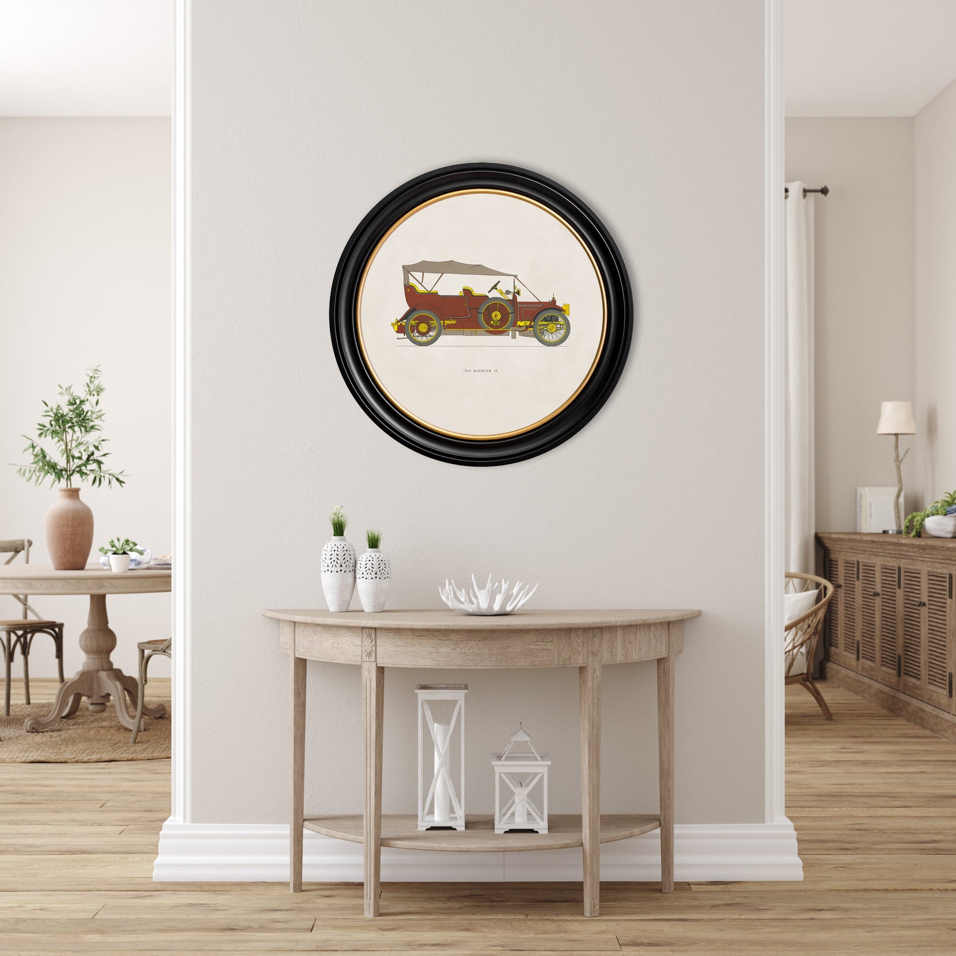 1910 DAIMLER 38 in Round Frame – framed wall art at Leya Buster Interiors