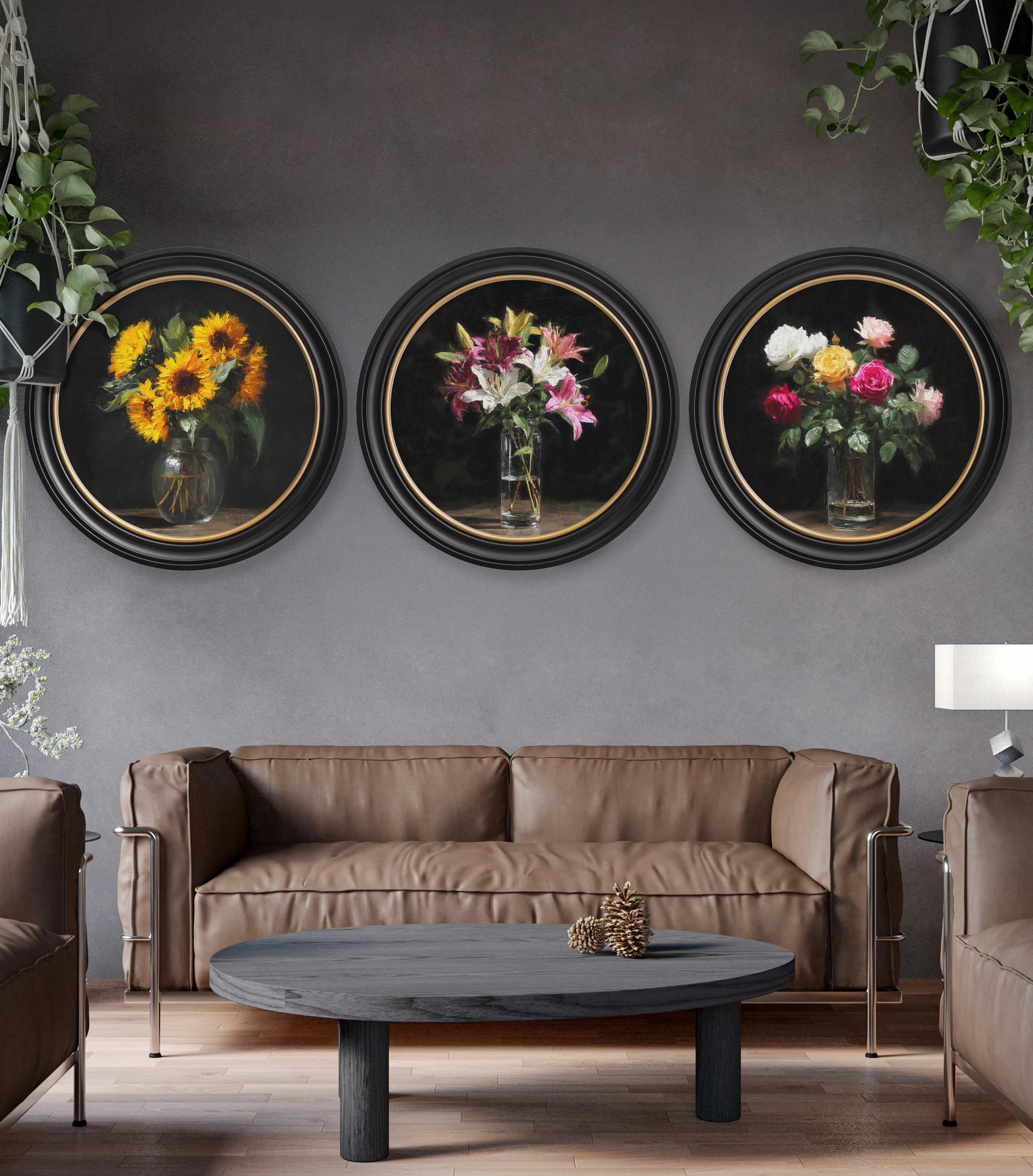Roses After Dark – Oxford Round Frame styled view – Leya Buster Interiors