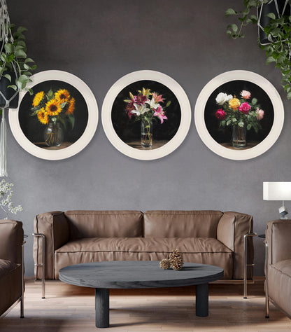 Lilies After Dark – Oxford Strong White Round Frame styled view – Leya Buster Interiors