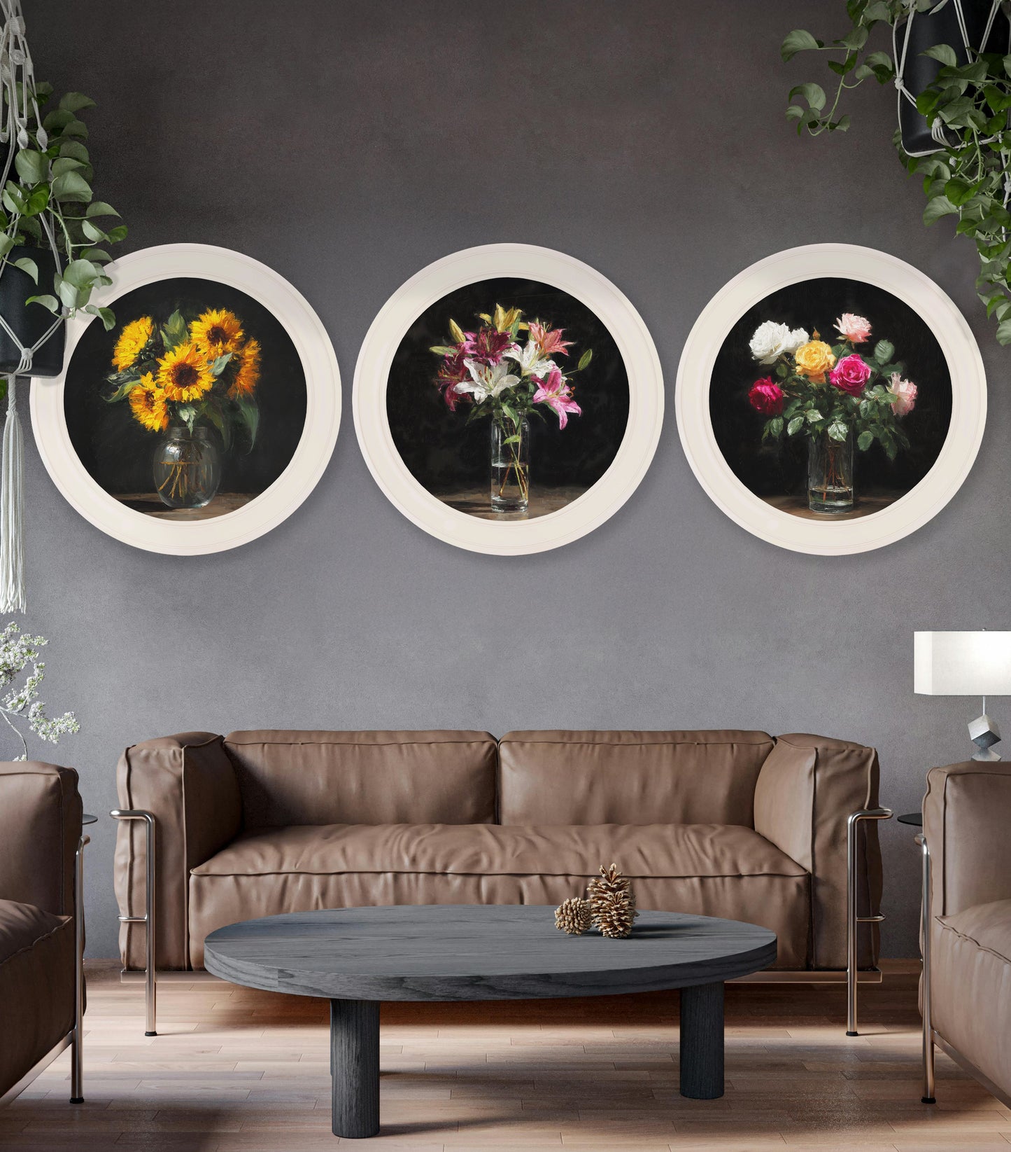 Roses After Dark – Oxford Strong White Round Frame styled view – Leya Buster Interiors