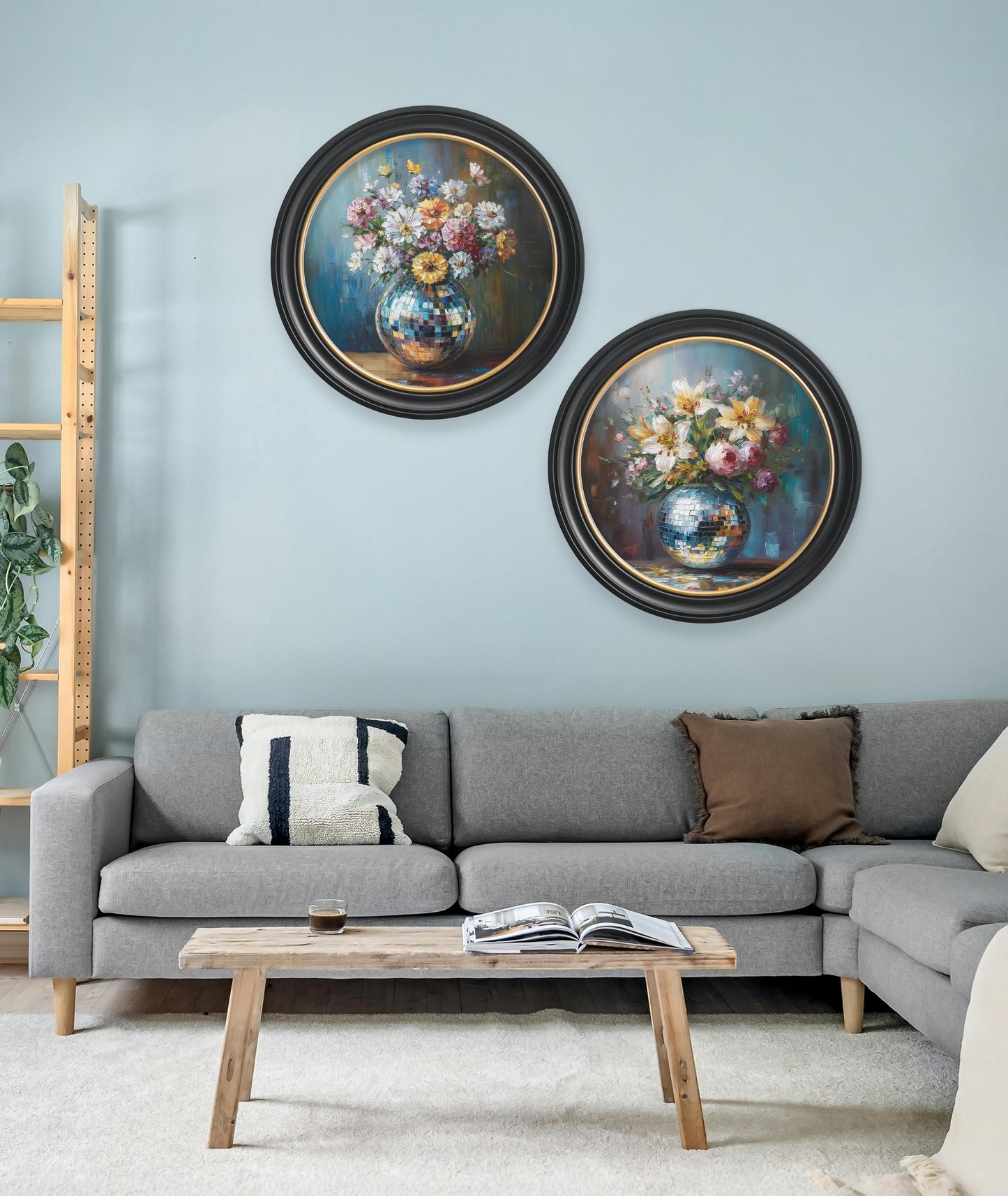 Disco Wildflowers – Oxford Round Frame styled view – Leya Buster Interiors
