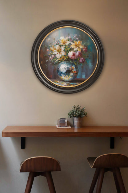 Disco Lilies & Roses – Oxford Round Frame – framed wall art at Leya Buster Interiors