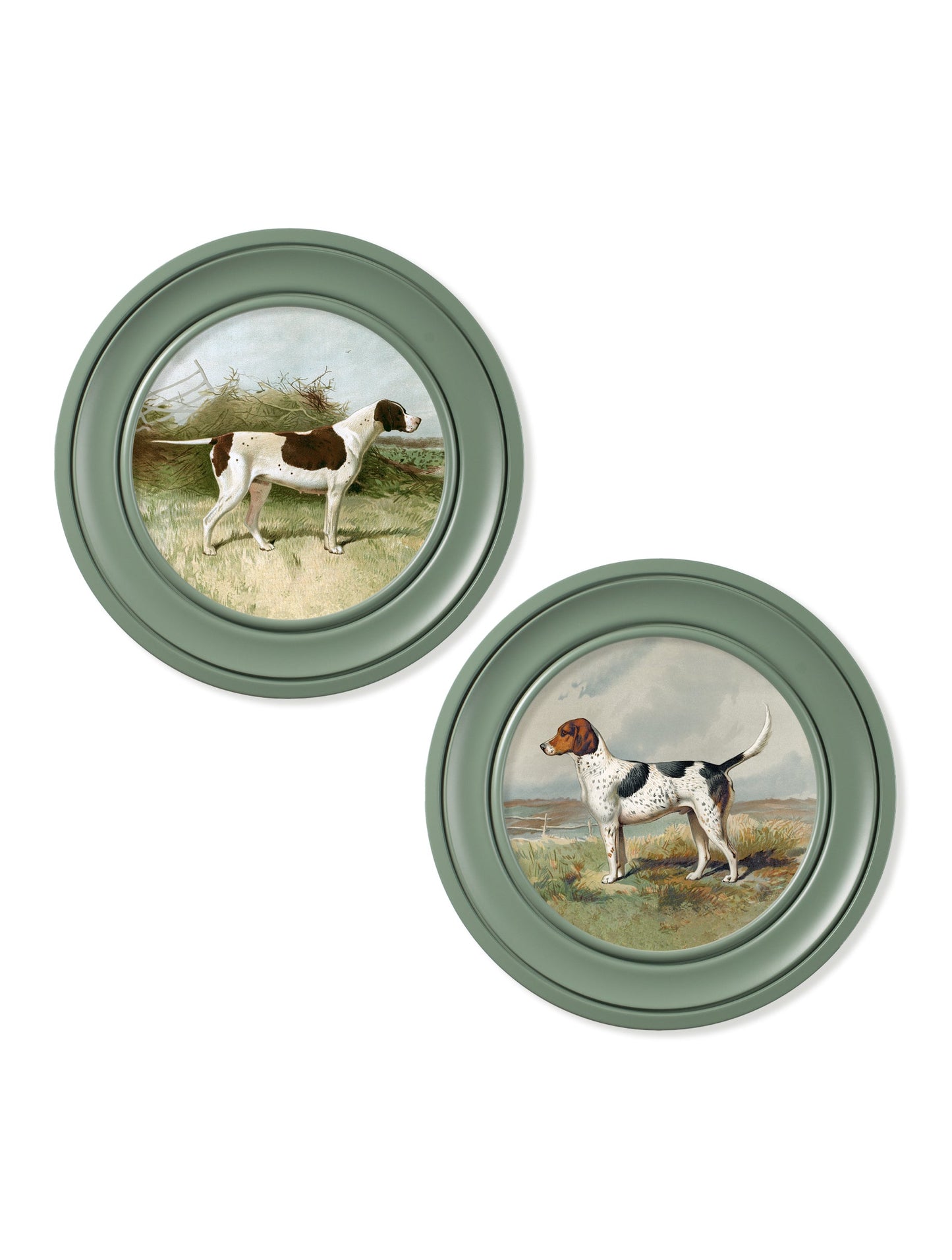 c.1881 Gun Dogs – Round Frame Green – framed wall art at Leya Buster Interiors