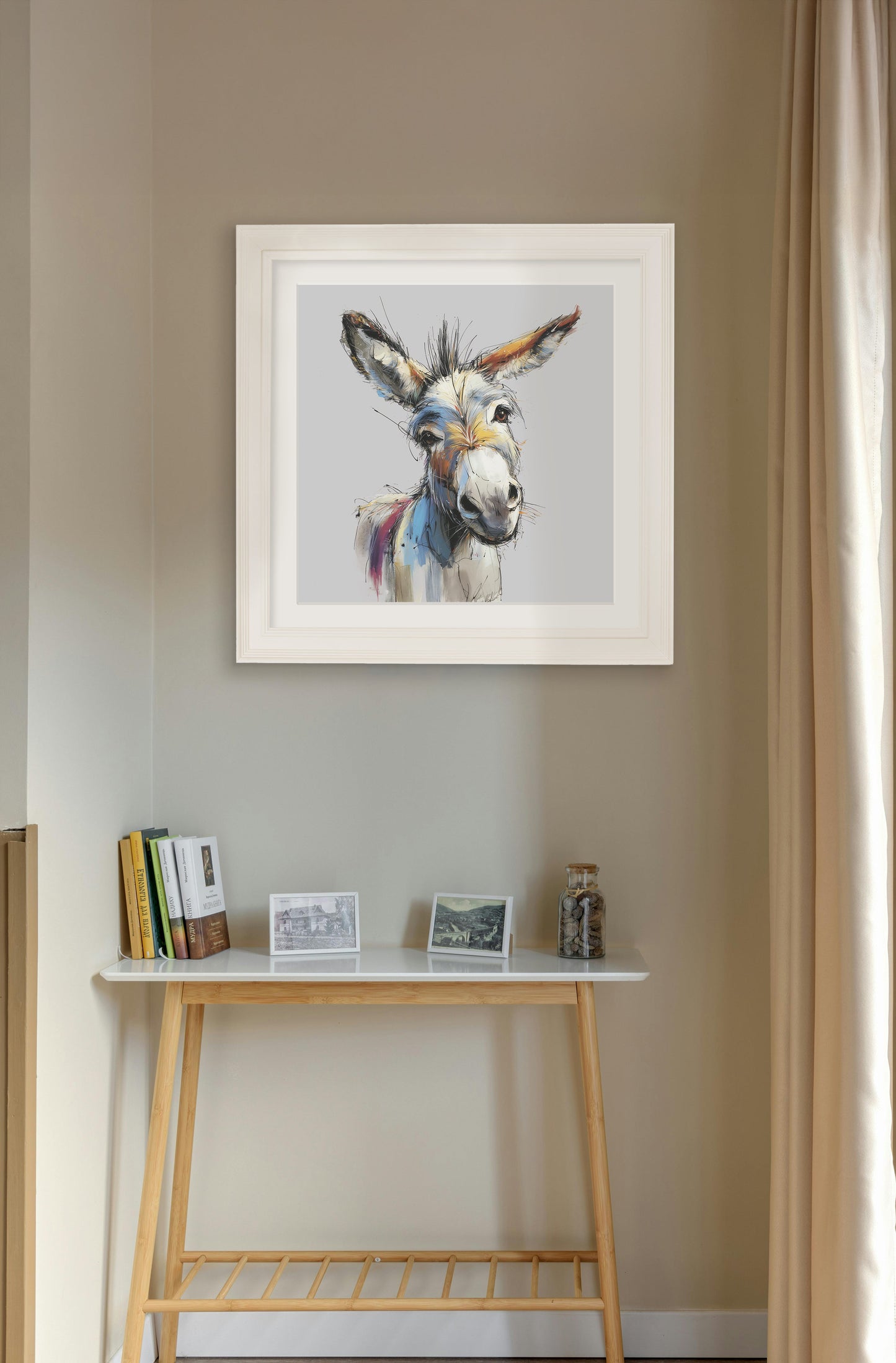 Donkey Jack & Jennet Cosy Sketch – Cream Hurstwood Square Frame styled view – Leya Buster Interiors