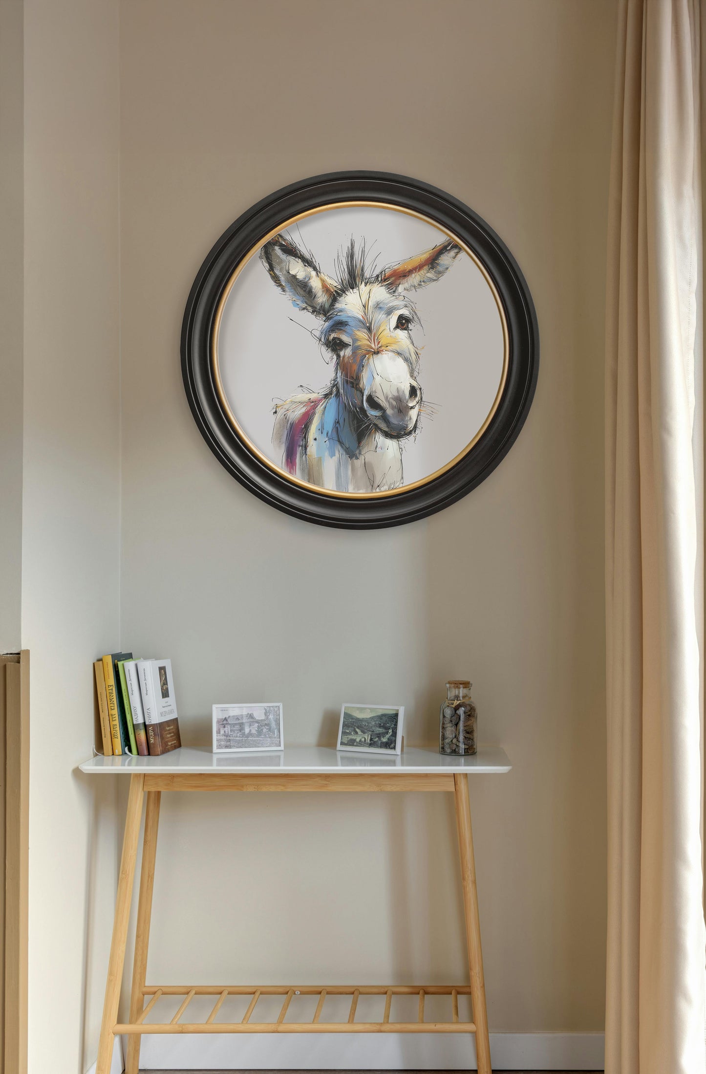 Donkey Jack & Jennet Cosy Sketch – Oxford Round Frame styled view – Leya Buster Interiors