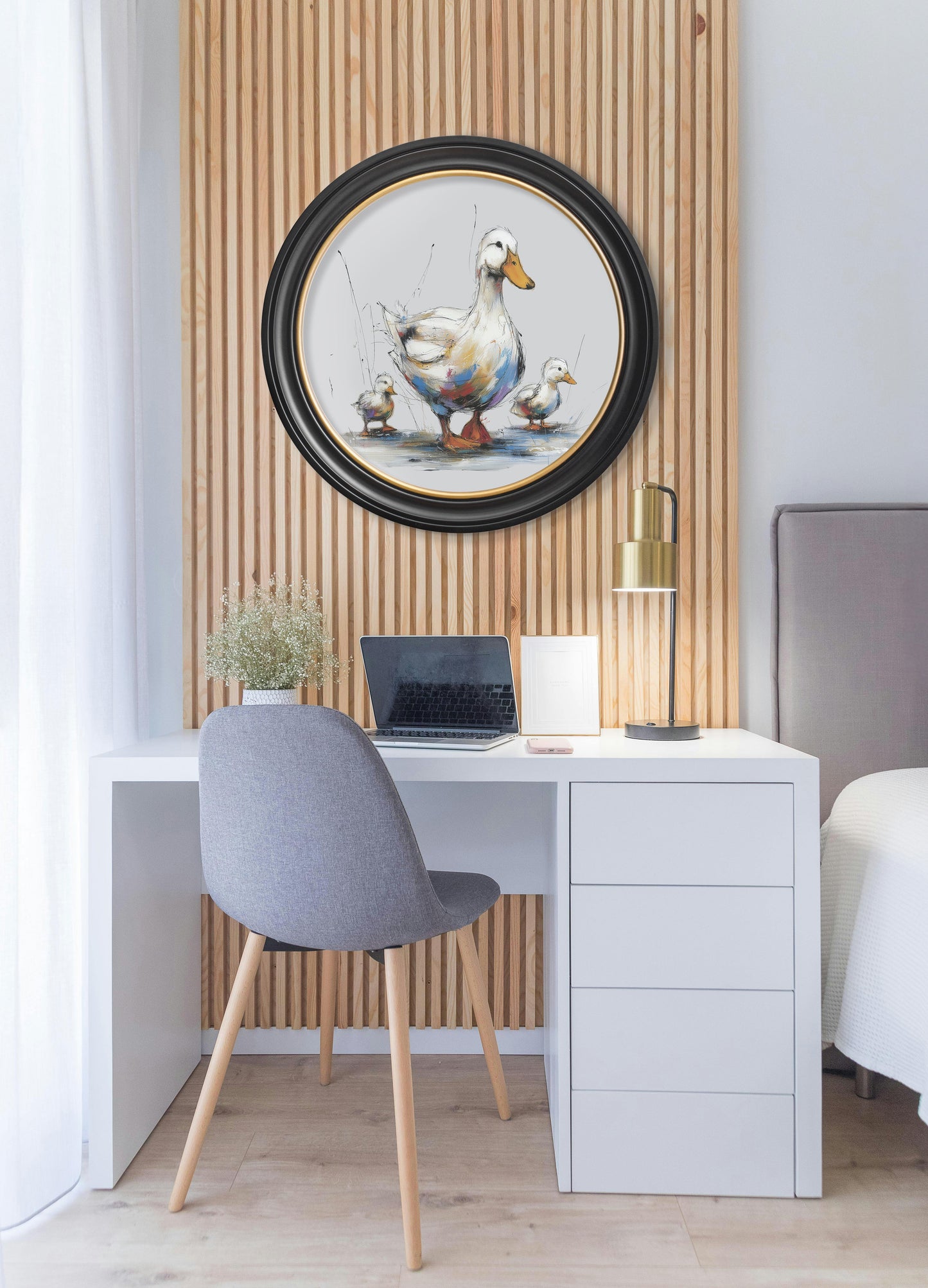 Family of Ducks Cosy Sketch – Oxford Round Frame – framed wall art at Leya Buster Interiors