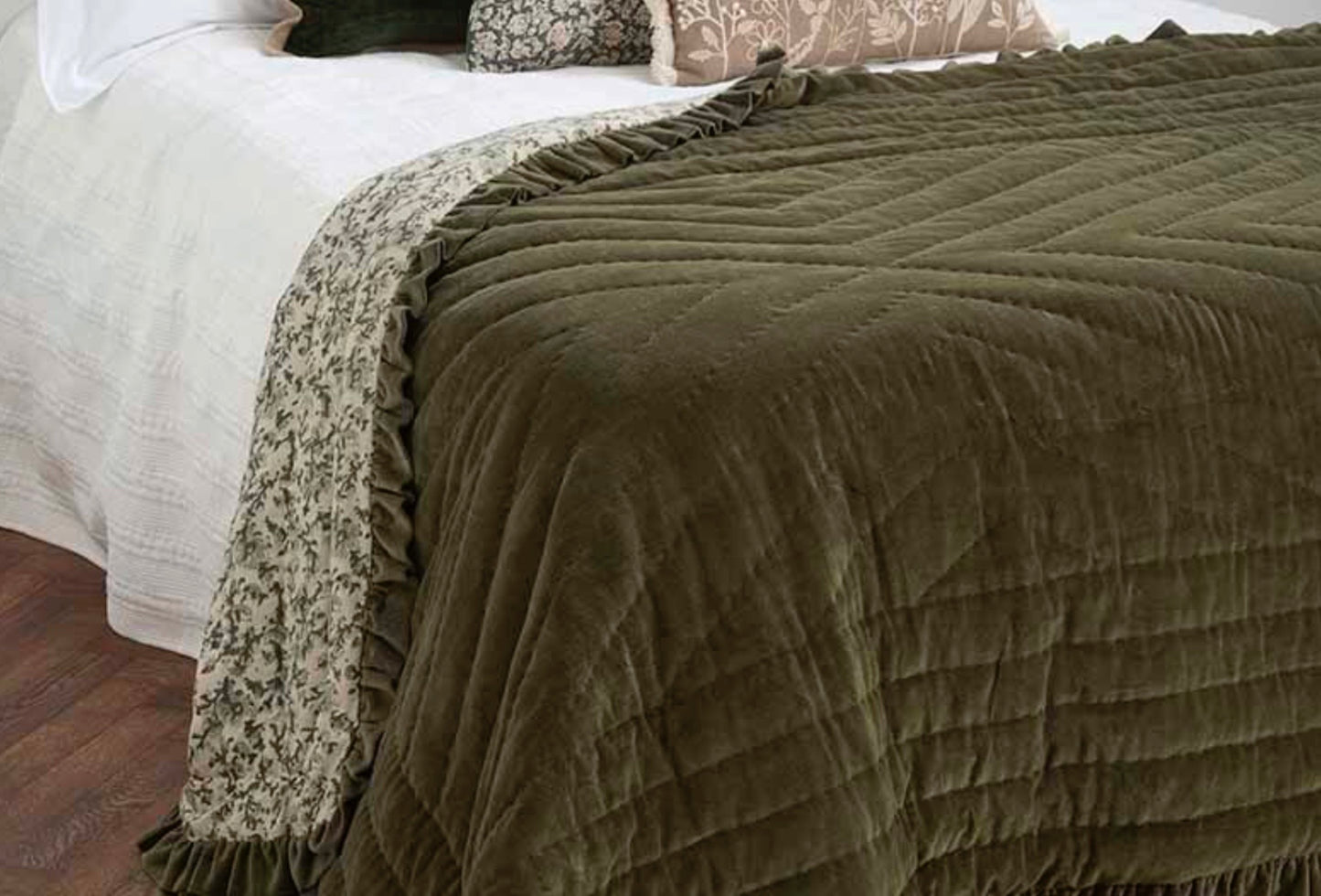 The Moorland Velvet Olive Ruffle Bedspread