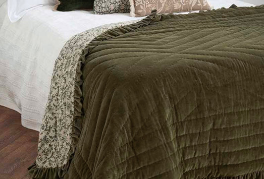 The Moorland Velvet Olive Ruffle Bedspread