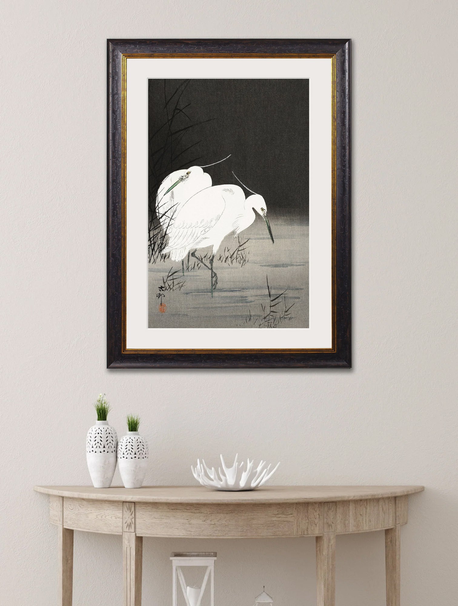 c.1910 Two Egrets in Reeds – Ohara Koson – framed wall art at Leya Buster Interiors