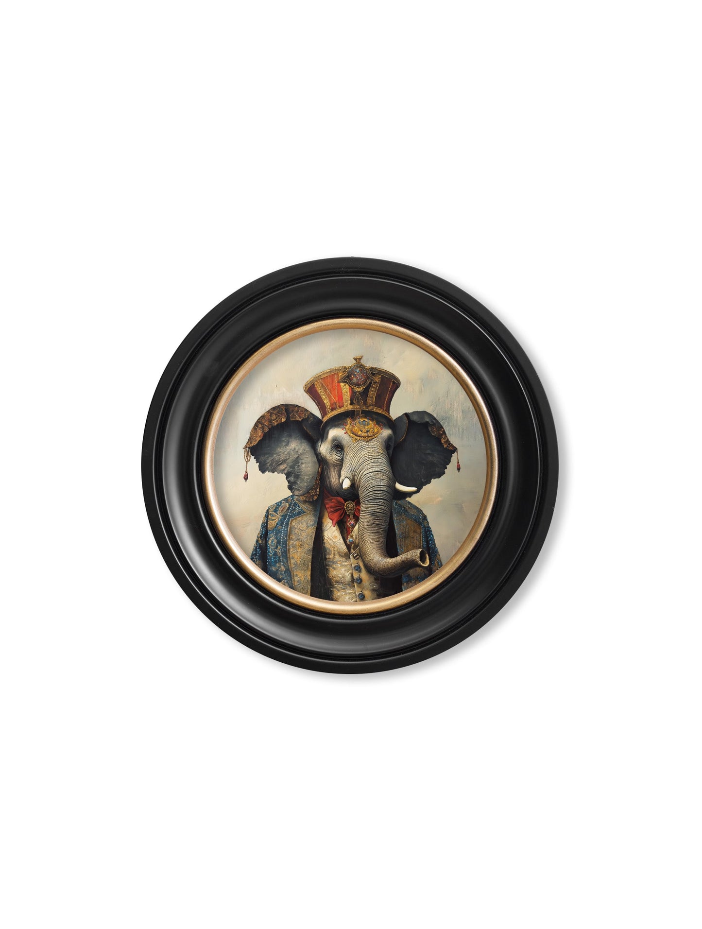 The Great Elephanto – Circus Elephant Oxford Round Frame styled view – Leya Buster Interiors