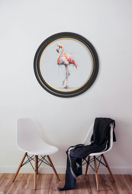 Pink Flamingo Cosy Sketch – Oxford Round Frame – framed wall art at Leya Buster Interiors