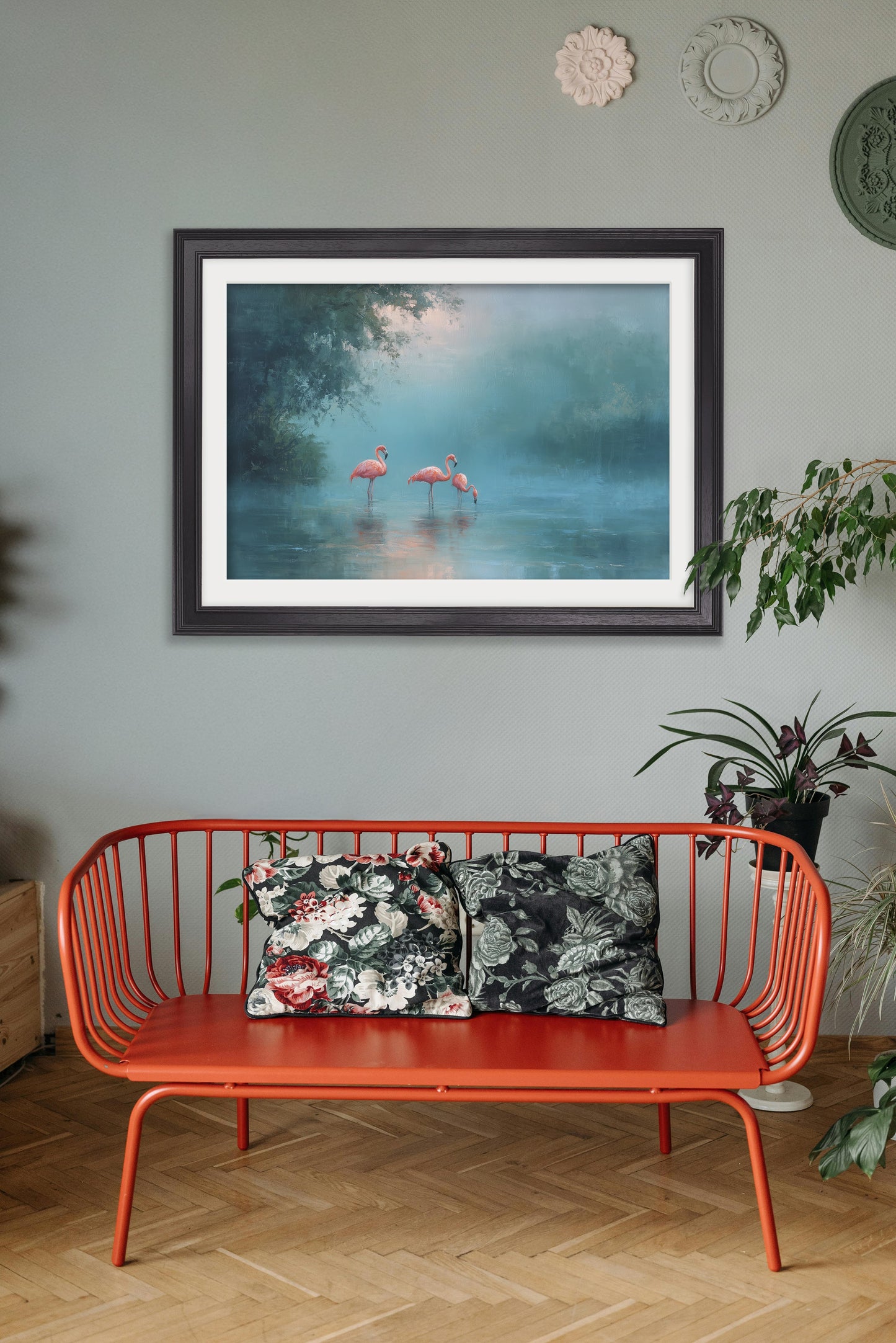 Misty Lake Flamingos – Black Hurstwood Frame – framed wall art at Leya Buster Interiors