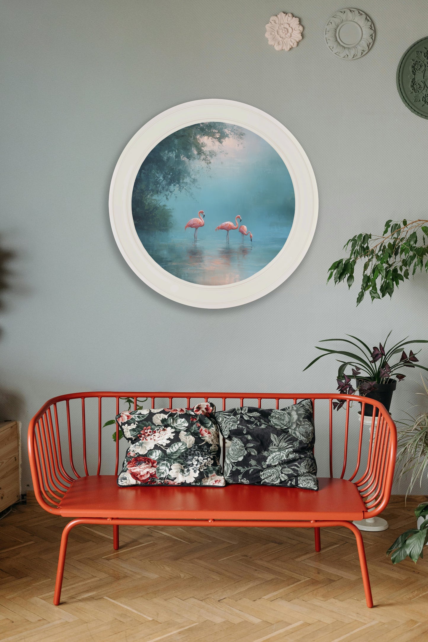 Misty Lake Flamingos – Oxford Strong White Round Frame – framed wall art at Leya Buster Interiors