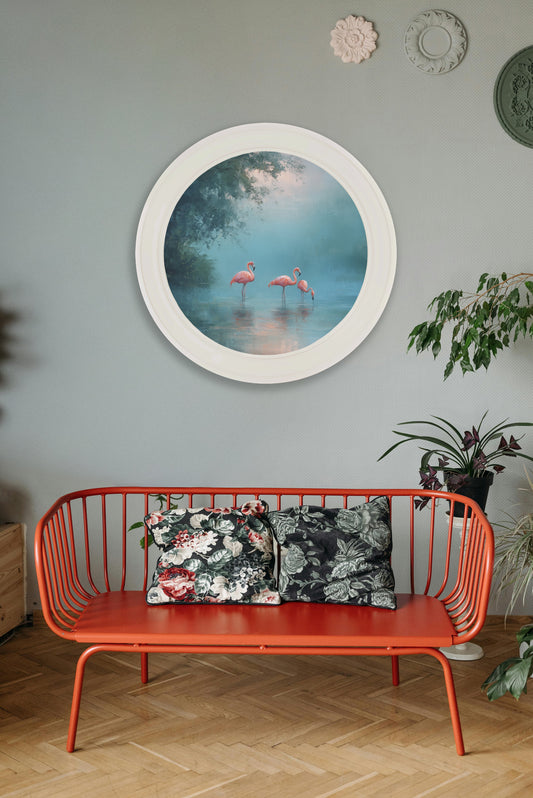 Misty Lake Flamingos – Oxford Strong White Round Frame – framed wall art at Leya Buster Interiors