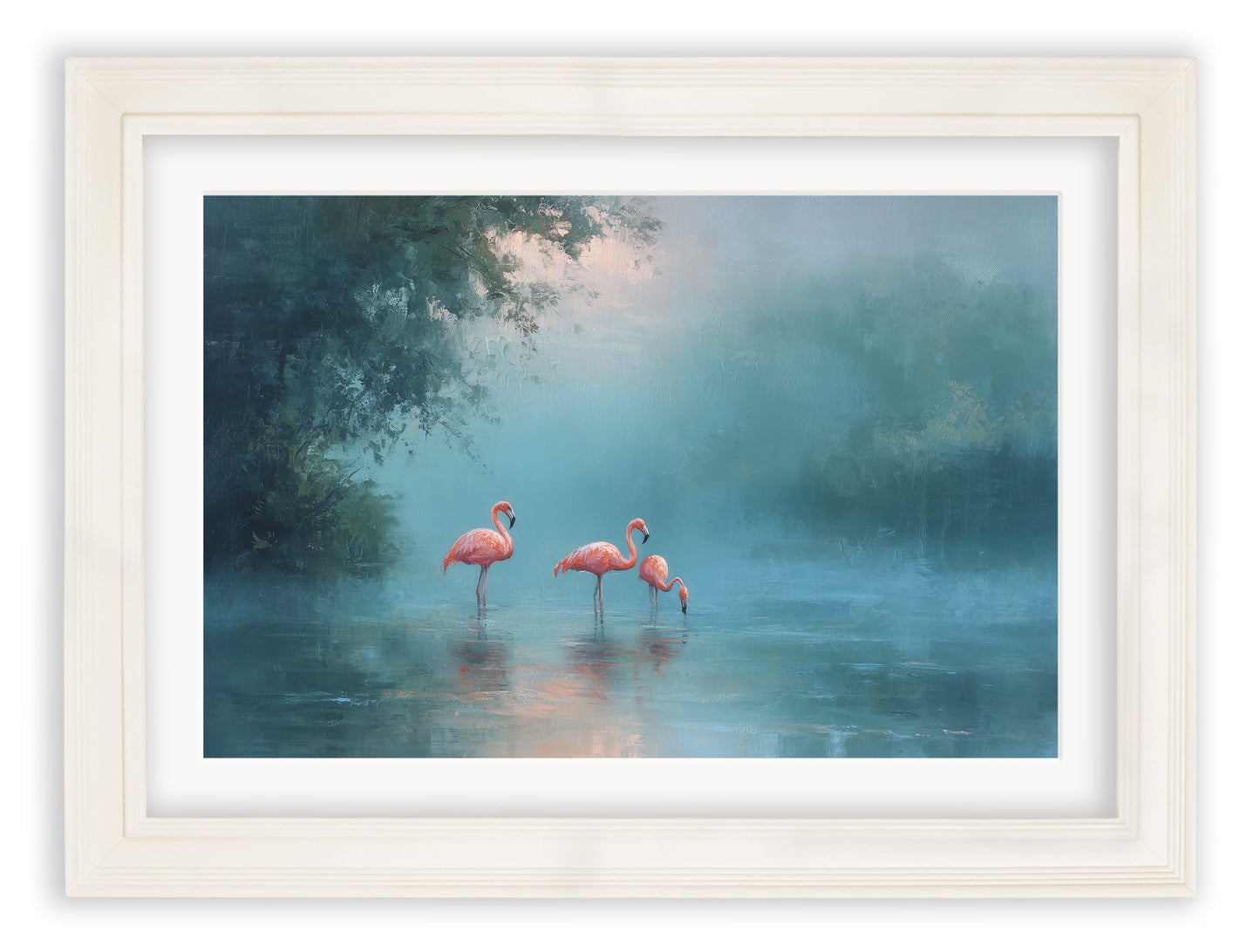 Misty Lake Flamingos – Cream Hurstwood Frame styled view – Leya Buster Interiors