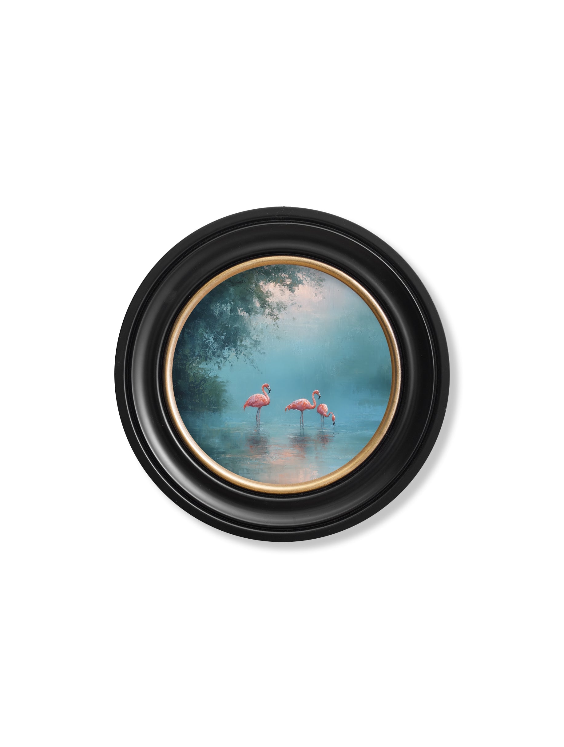 Misty Lake Flamingos – Oxford Round Frame styled view – Leya Buster Interiors